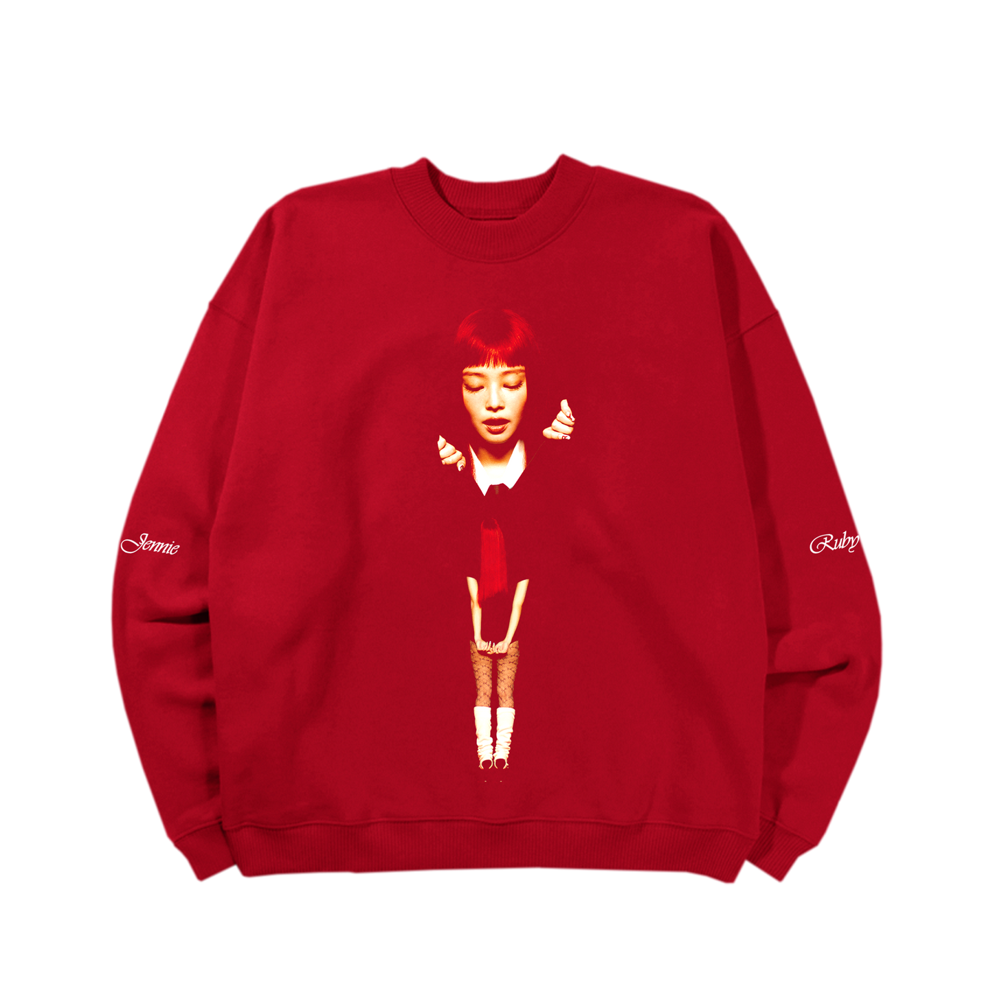 Front view of a unisex red crewneck sweatshirt featuring the Ruby album art design printed on the front, with white “Jennie” text printed on the right sleeve and white “Ruby” text on the left sleeve.