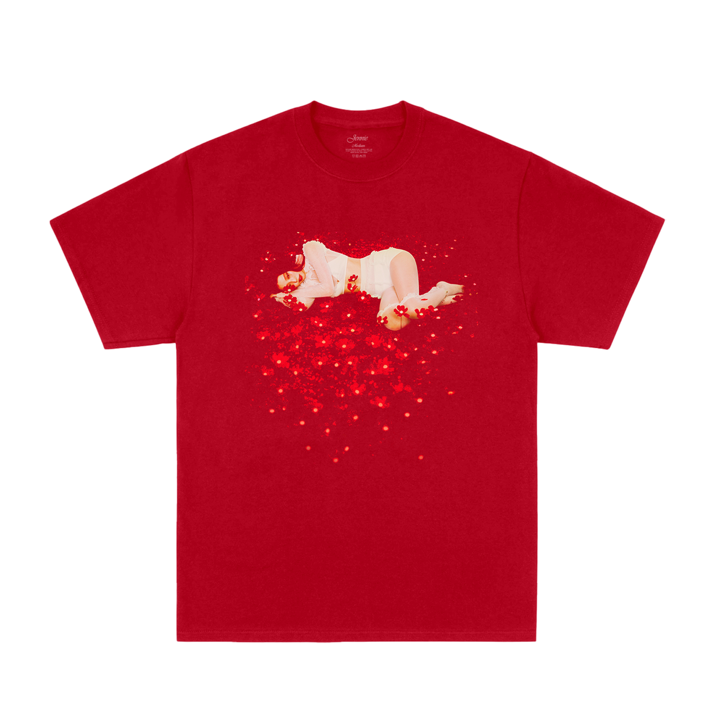 Front view of a red unisex short-sleeve T-shirt featuring a Jennie flower print across the front.