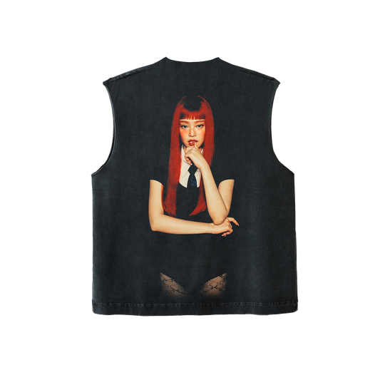 Back view of a stone-washed grey unisex sleeveless tank top featuring a large Jennie Ruby album cover print across the back.