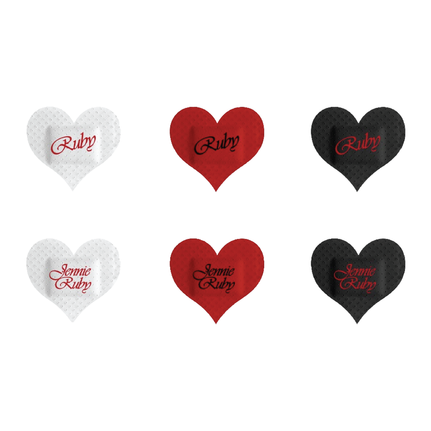 Front view of a bandage set featuring six heart-shaped bandages. The bandages have the text “Ruby” on the front and come in red, white, and black.