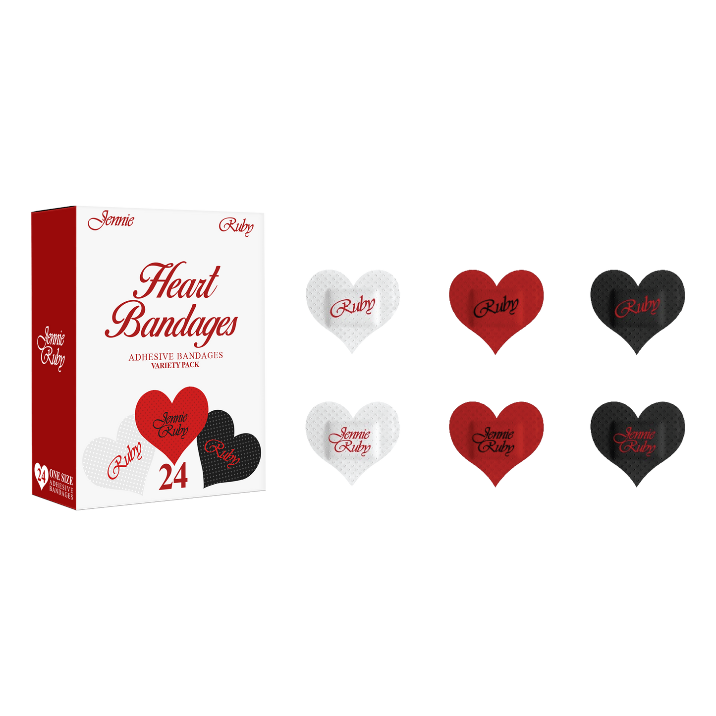 Front view of a bandage set featuring the bandage box on the left and six heart-shaped bandages on the right. The bandages have the text “Ruby” on the front and come in red, white, and black.
