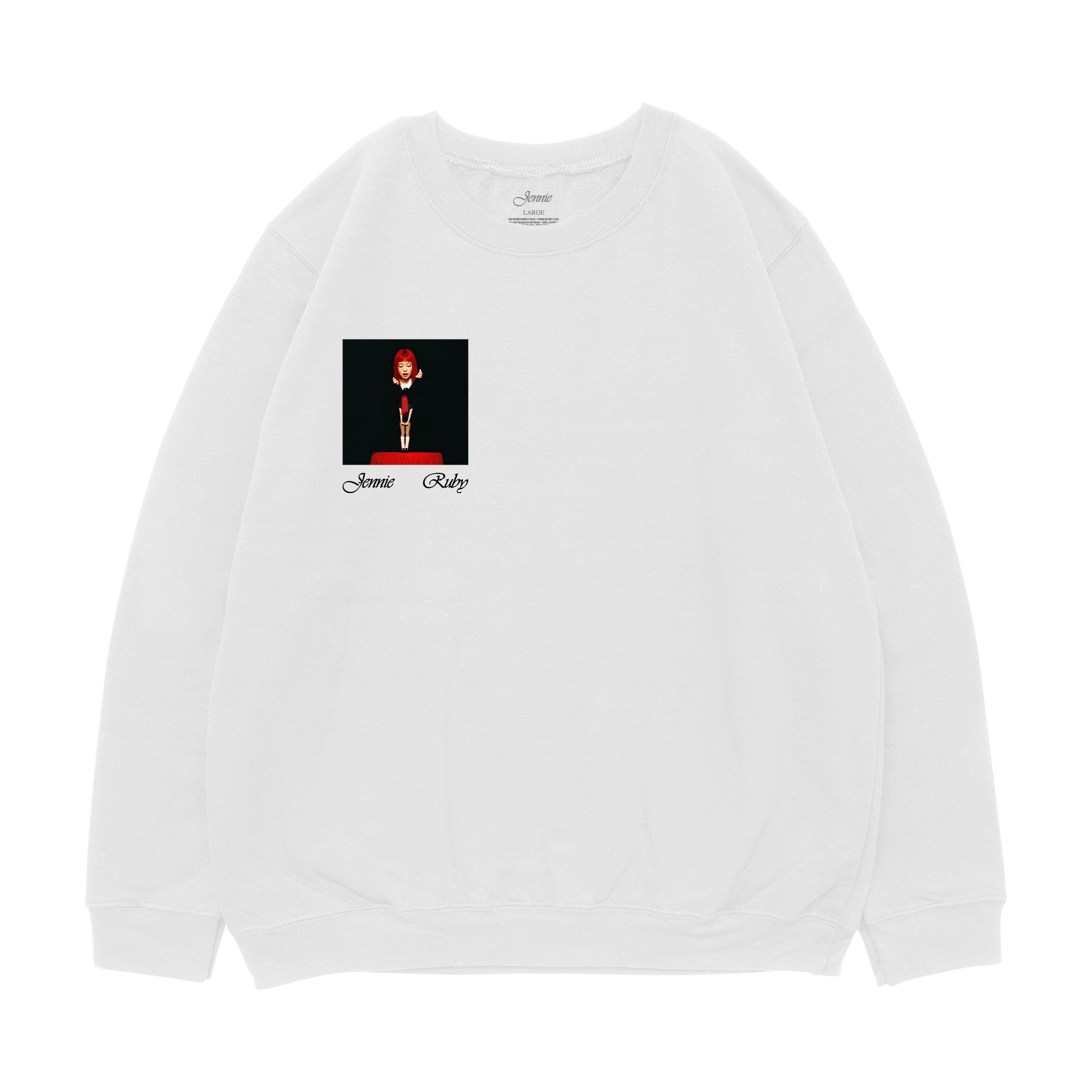 White sweatshirt featuring JENNIE’s Ruby album artwork printed on the right chest area.