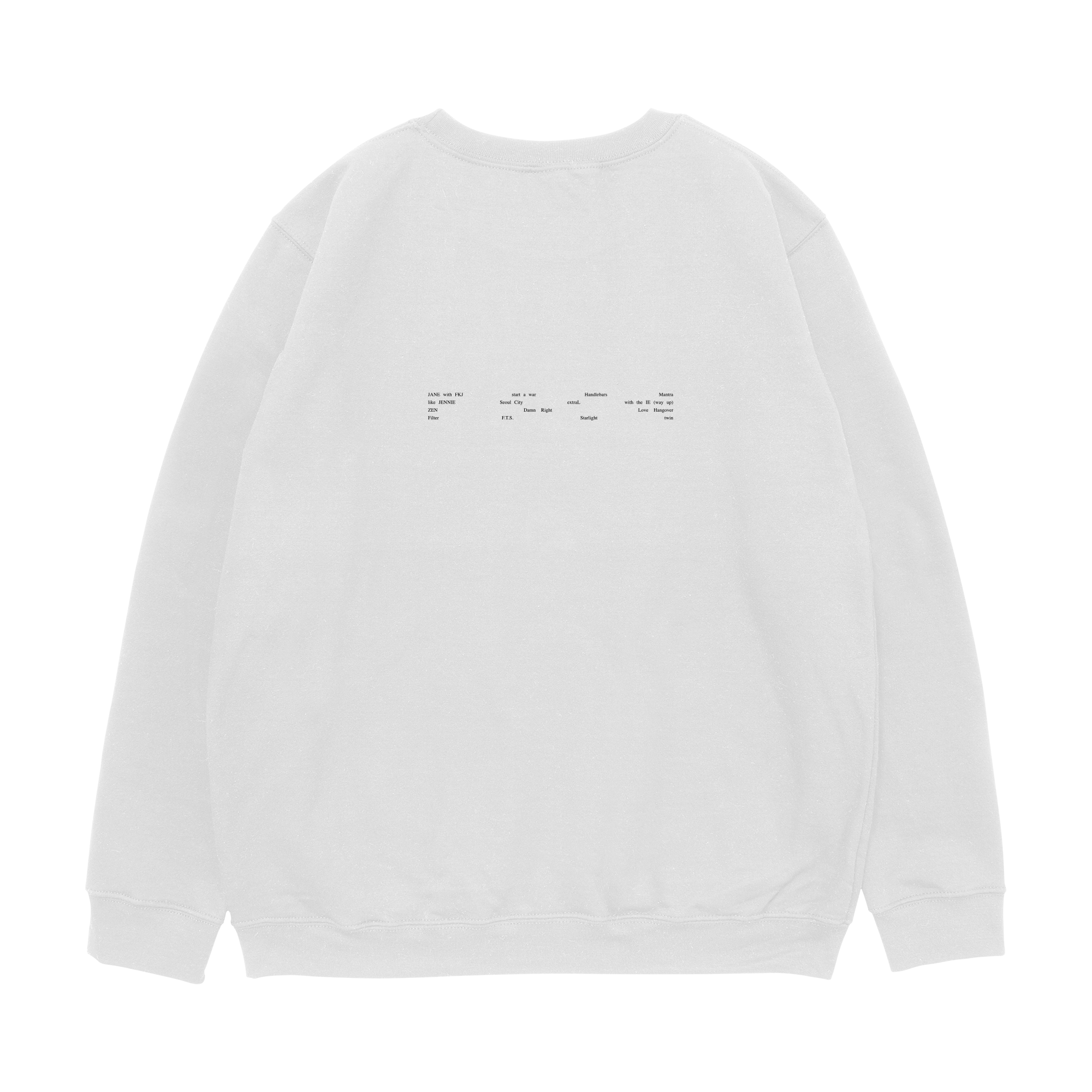 White sweatshirt crewneck with JENNIE Ruby text across the back