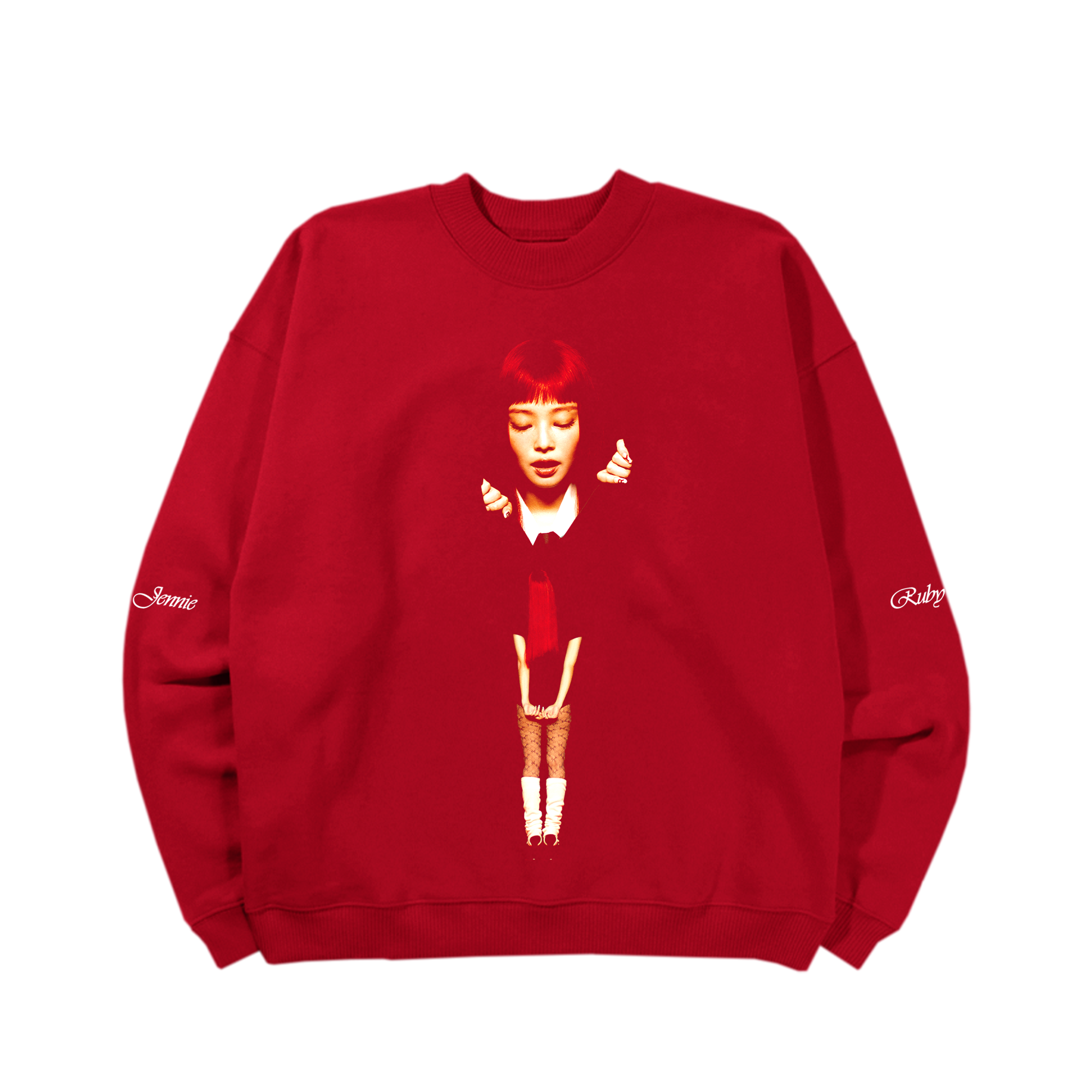 Front view of a unisex red crewneck sweatshirt featuring the Ruby album art design printed on the front, with white “Jennie” text printed on the right sleeve and white “Ruby” text on the left sleeve.