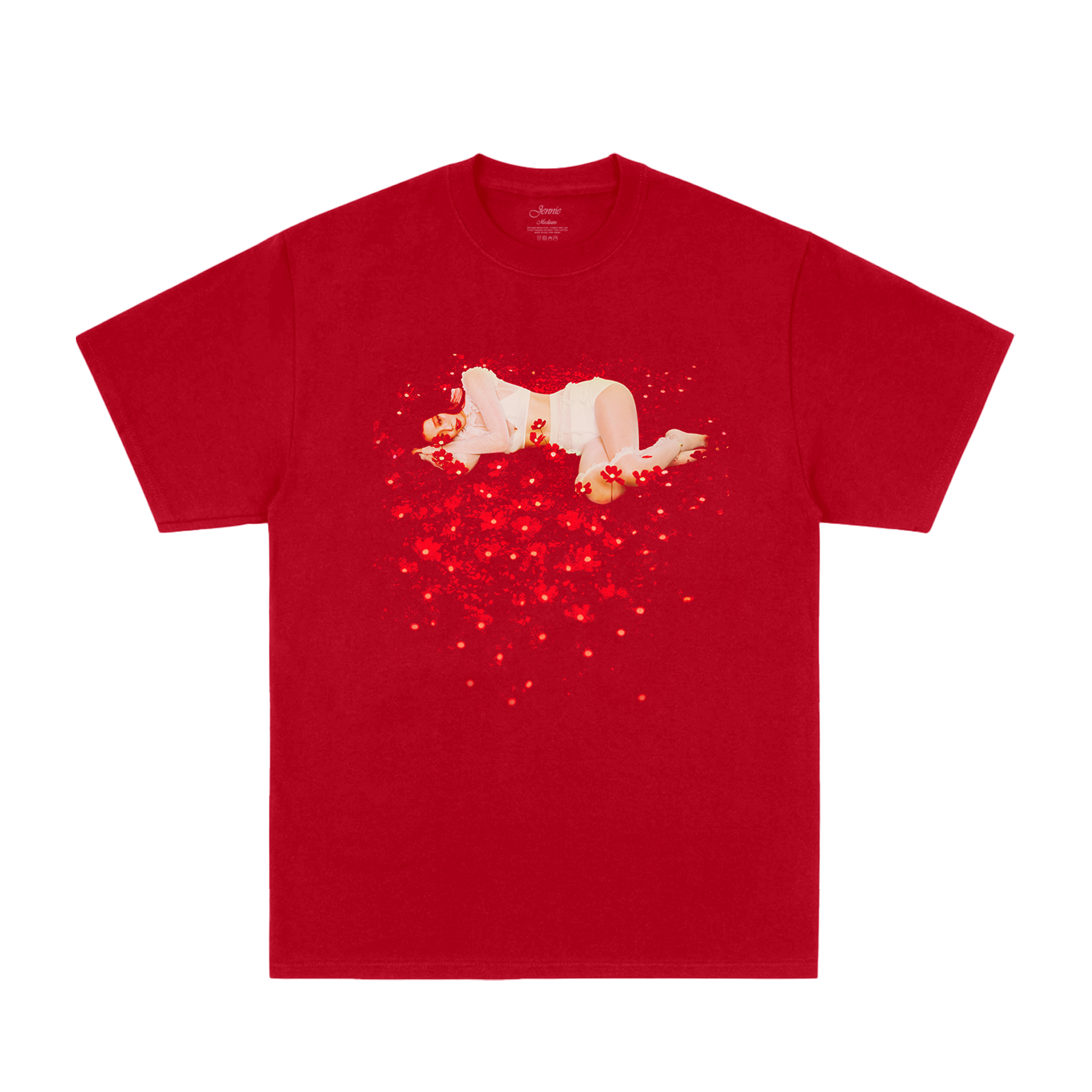 Front view of a red unisex short-sleeve T-shirt featuring a Jennie flower print across the front.
