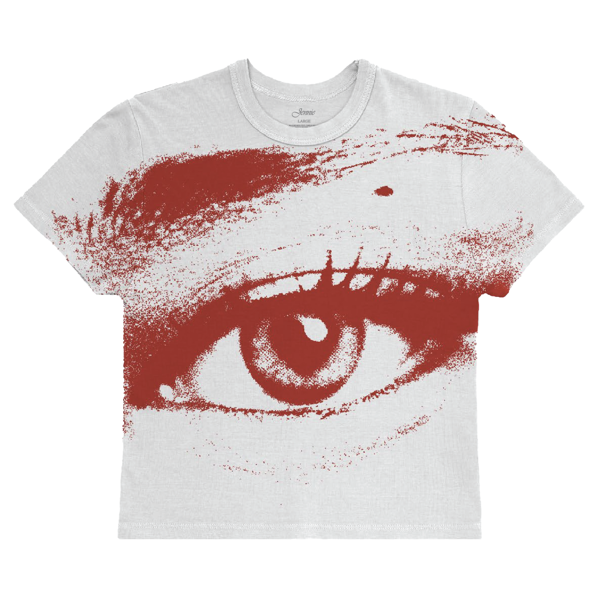 Front view of a white short-sleeve fitted T-shirt with a red eye print across the front. 