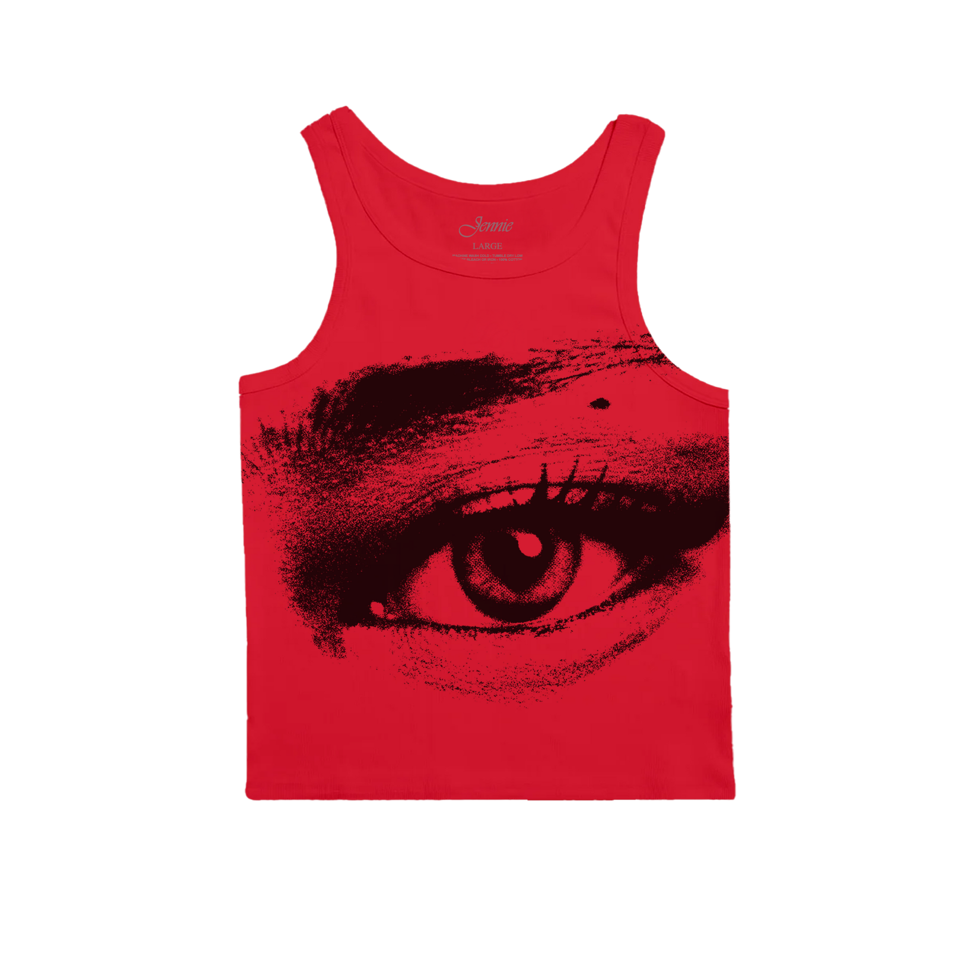 Front view of a red tank top with a black eye print across the front.