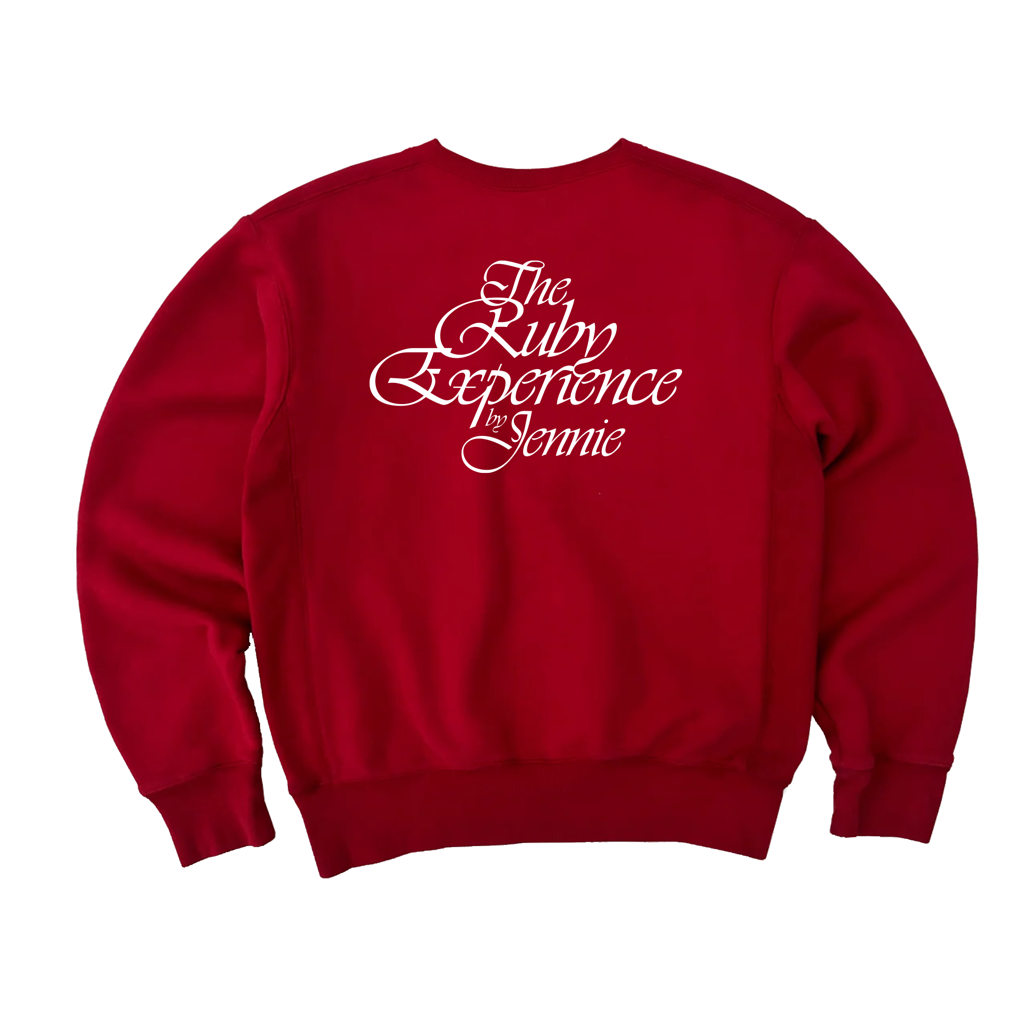 Back view of a unisex red crewneck sweatshirt featuring “The Ruby Experience by Jennie” design printed in white on the back.