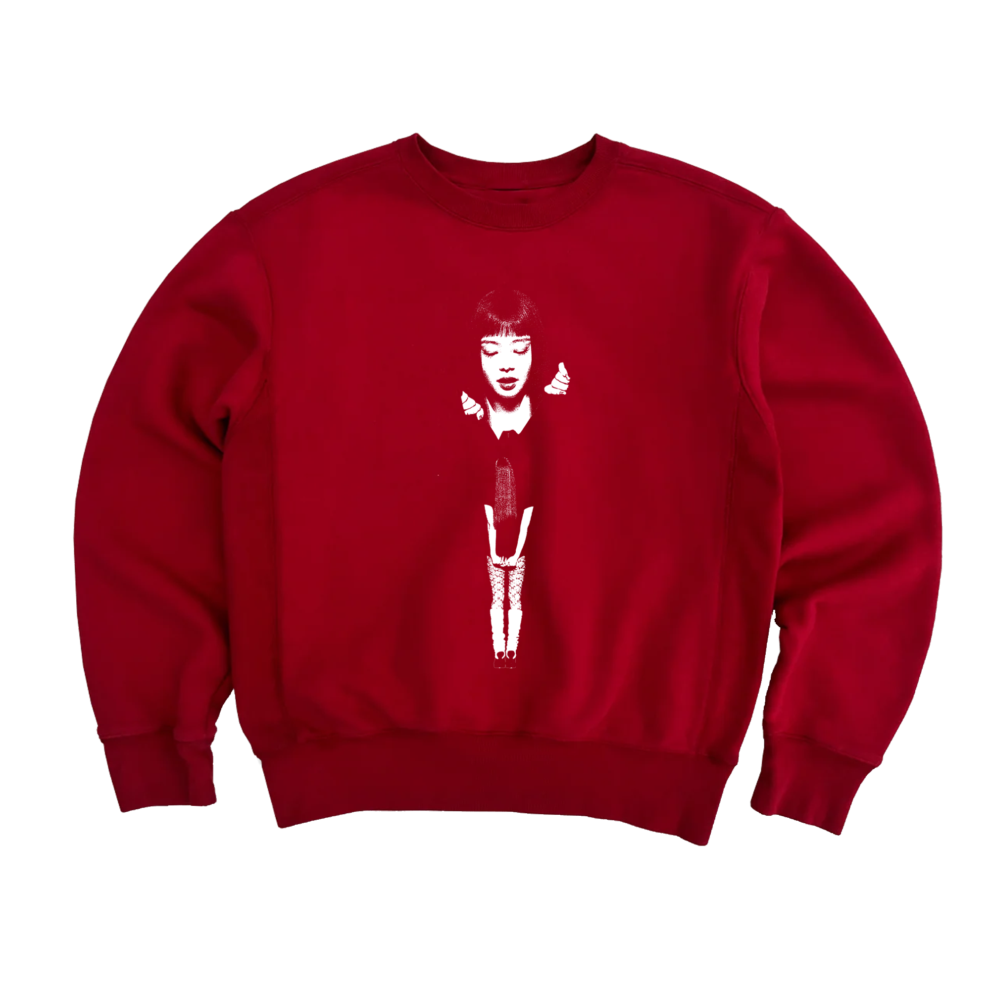 Front view of a unisex red crewneck sweatshirt featuring the Ruby album cover printed in white on the front.