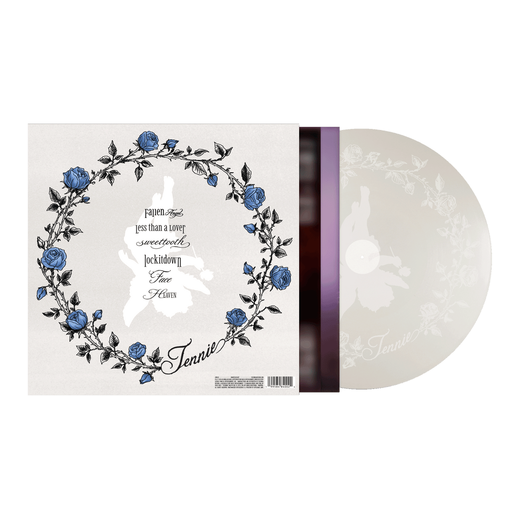 A vinyl record album shown with its sleeve and the disc partially pulled out. The sleeve is off-white with a floral wreath illustration in blue and black, plus the word 'Jennie.