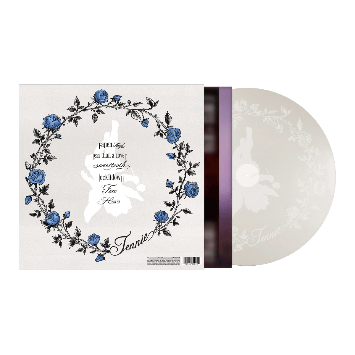 A vinyl record album shown with its sleeve and the disc partially pulled out. The sleeve is off-white with a floral wreath illustration in blue and black, plus the word 'Jennie.