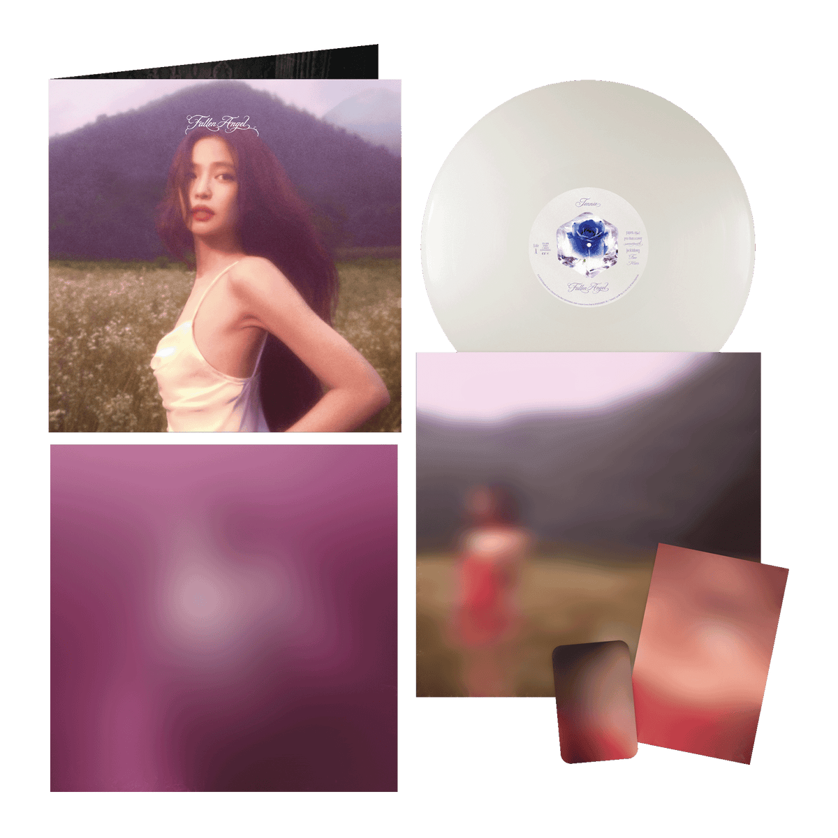 A collage-style product presentation on a white background showing a translucent pale pink vinyl record with a blue-and-white label, several blurred square and rectangular printed art/photo panels, and two small rectangular cards. 